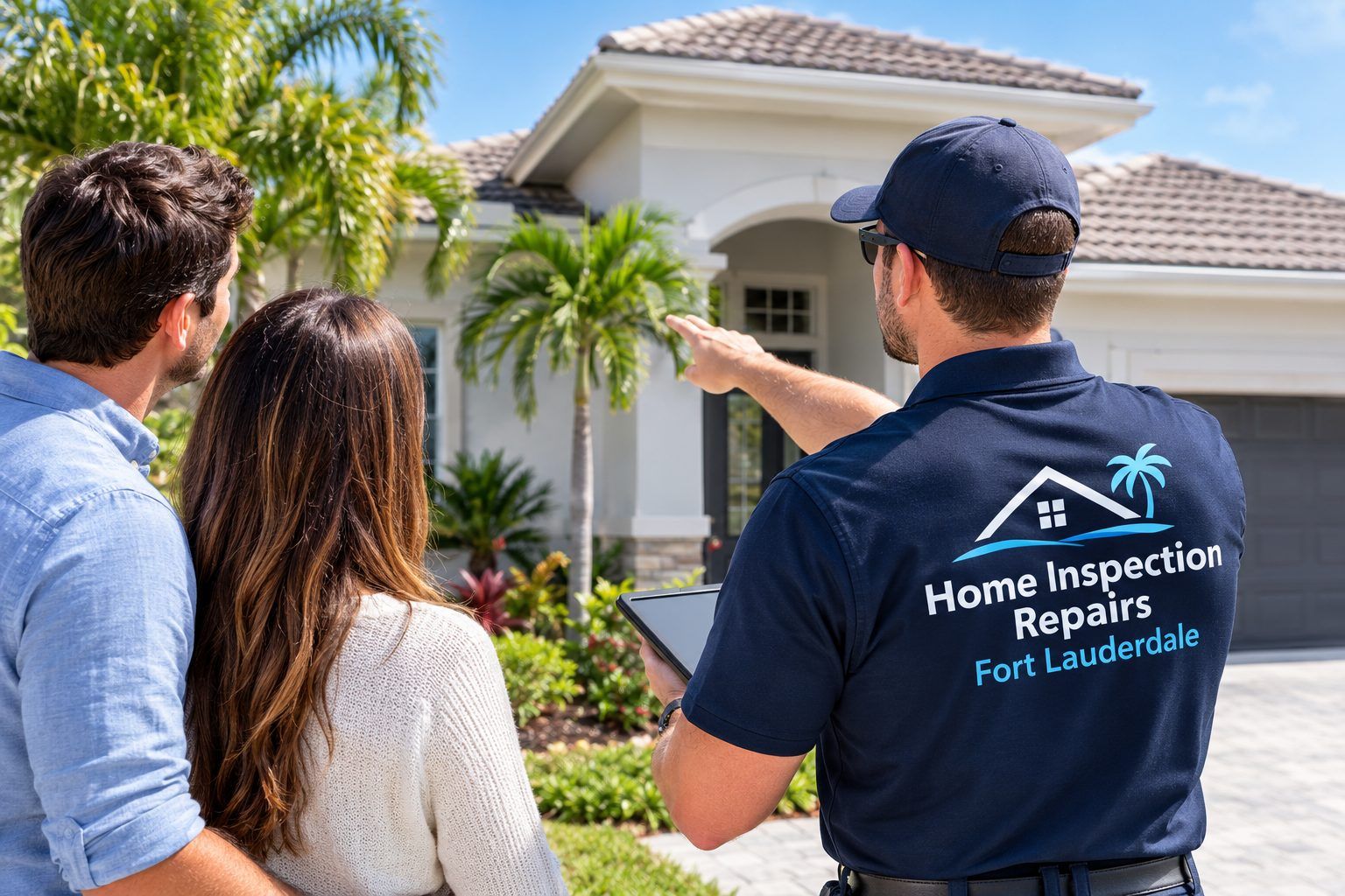 Technician reviewing inspection repairs with homeowners outside a home in Fort Lauderdale, FL