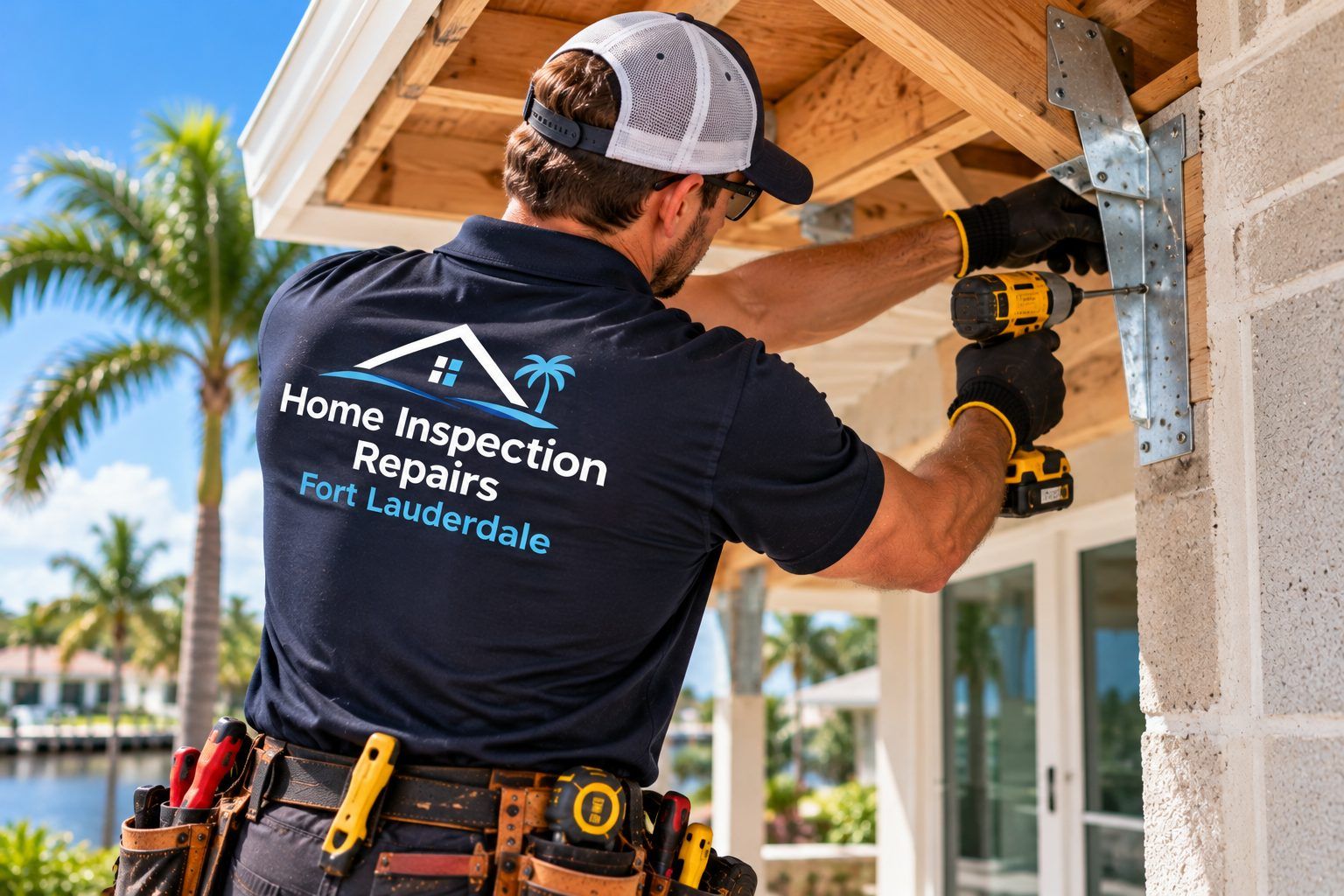 Technician installing a hurricane strap roof-to-wall connection in Fort Lauderdale, FL