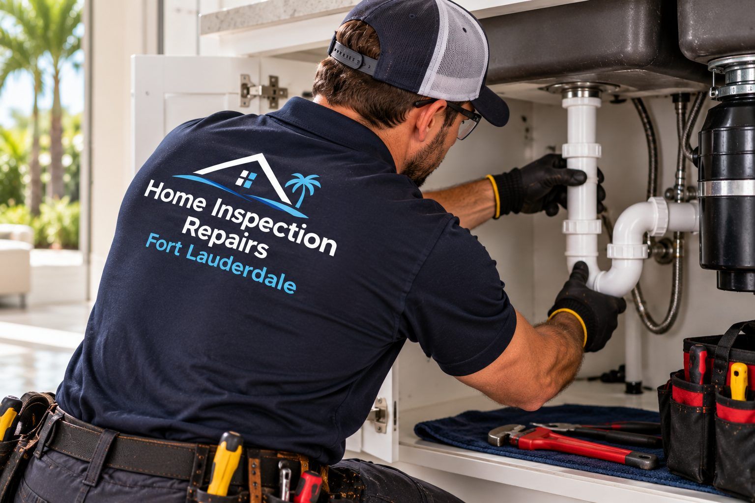 Technician repairing plumbing under a kitchen sink in Fort Lauderdale, FL